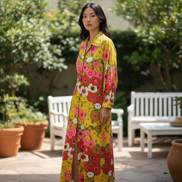 Mr Jac Dresses & Skirts - True Vintage 70s Mr Jac Long Maxi Dress 16 Retro Flower Floral Colorful Button